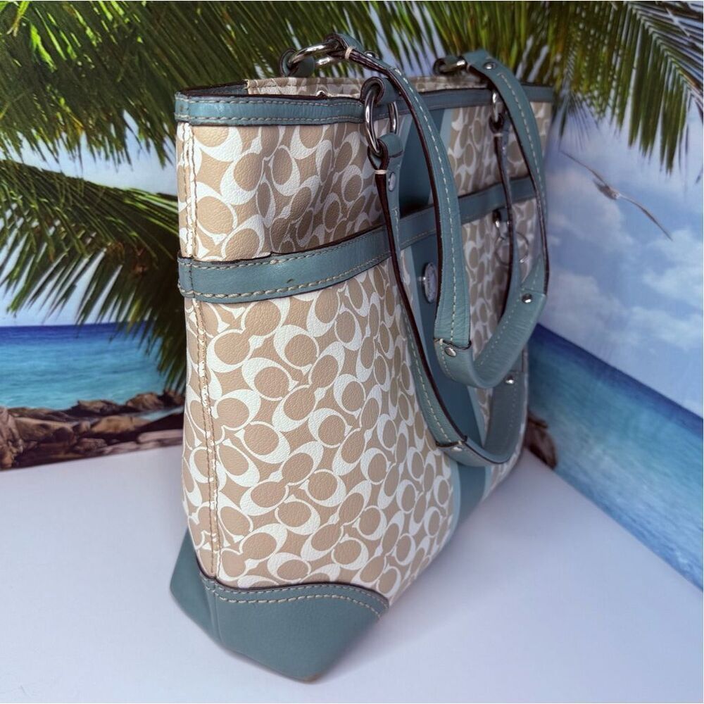 Coach Chelsea Heritage Stripe Signature Tote Teal & Khaki Coated Canvas #F15137 - Picture 2 of 12